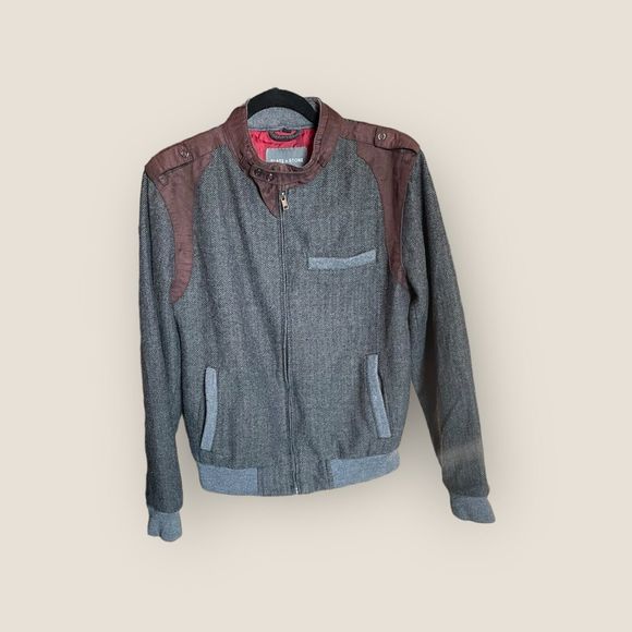Slate & Stone Poly Wool Blend Jacket Gray Herringbone W/Brown Accents Mens Small - Picture 1 of 16